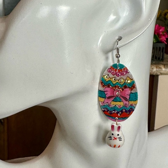 Handpainted w rhinestones Easter egg w ceramic bunny charm Sterling holiday OOAK - Picture 6 of 6